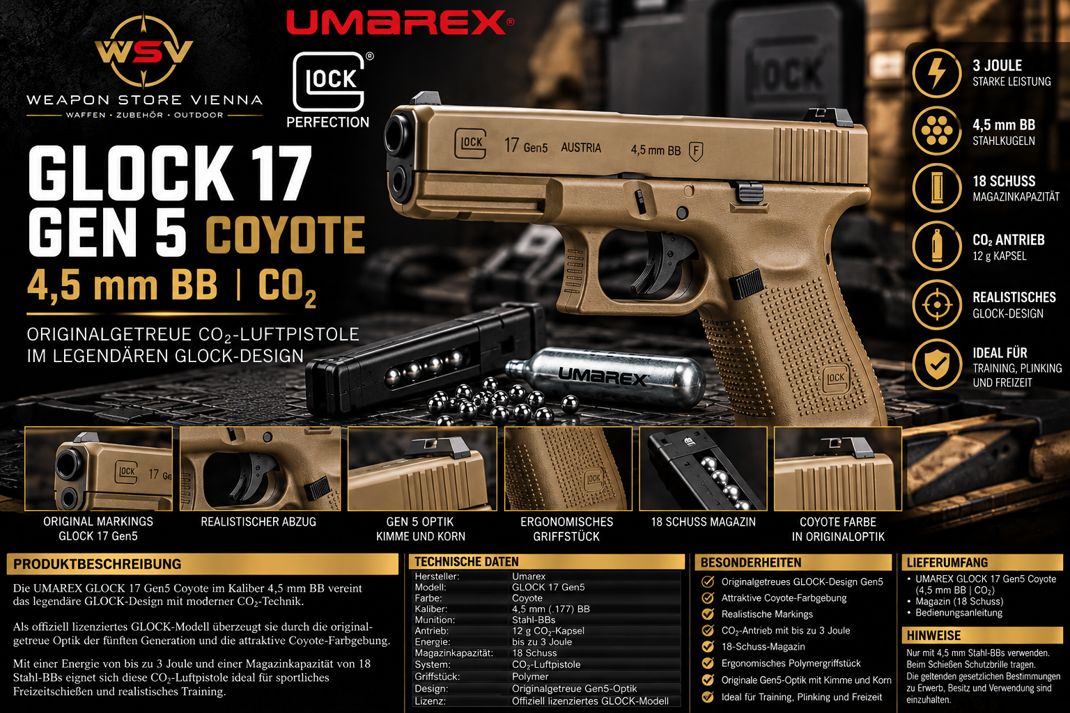 Glock G17 Gen5 Coyote 4,5mm BB Co2 3 Joule 18 Schuss