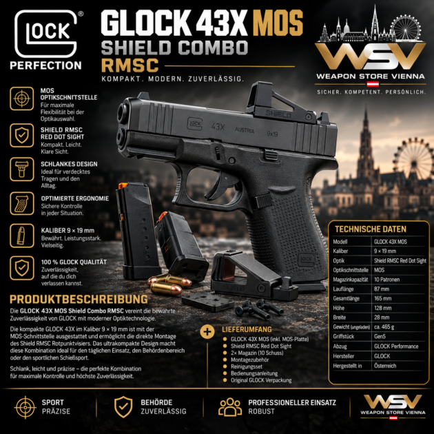 GLOCK 43X Kaliber 9 mm Luger MOS ShieldCombo RMSc – Modular Optic System